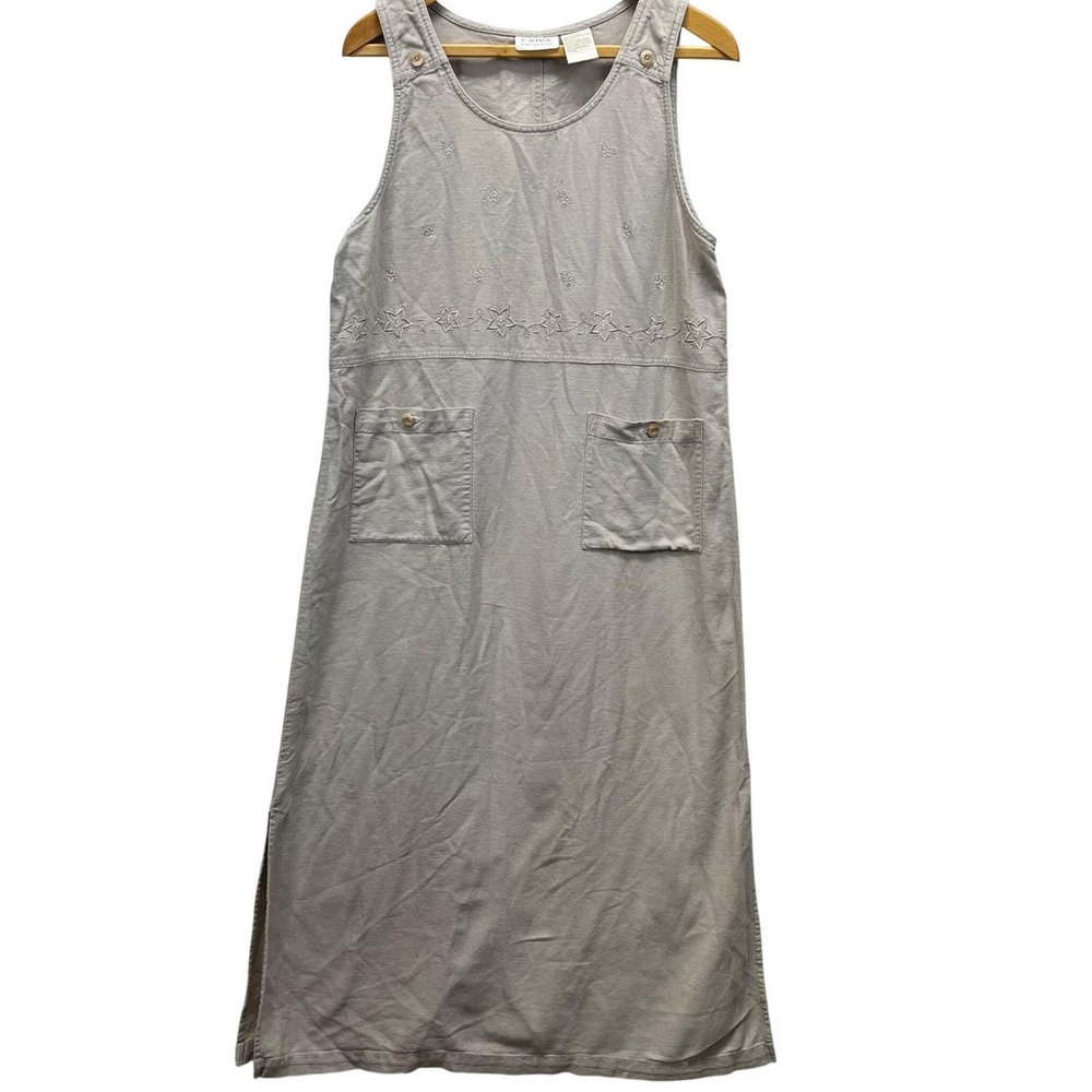 Erika Collection Linen Cotton Jumper Dress Womens M Taupe VTG Floral Embroidered